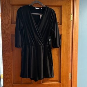 New York & Company Black Wrap Romper short with Three-Quarter Sleeves